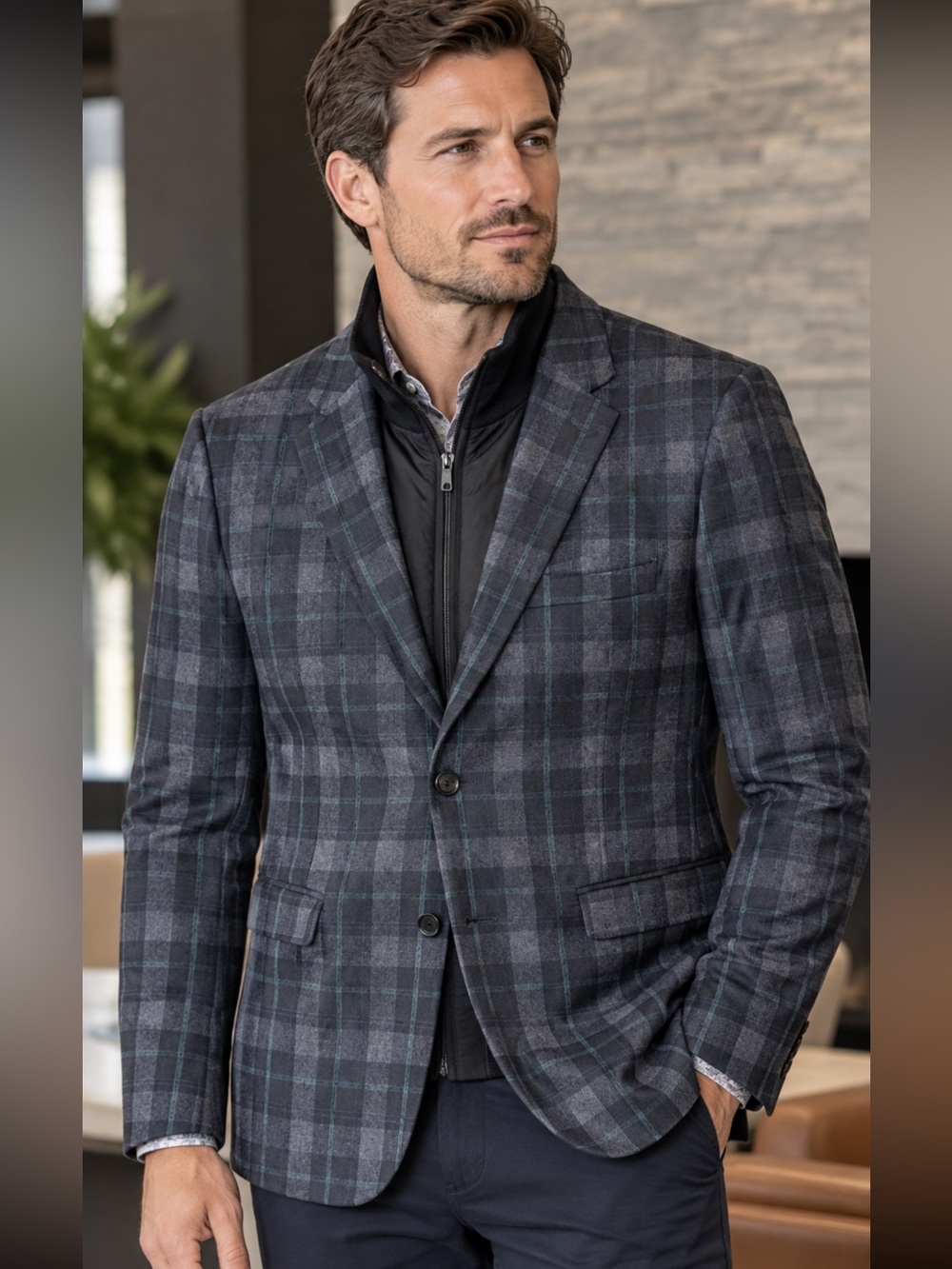 Men's Gray Plaid Blazer Coat Contemporary Tailored Jacket with Zipper LARGE